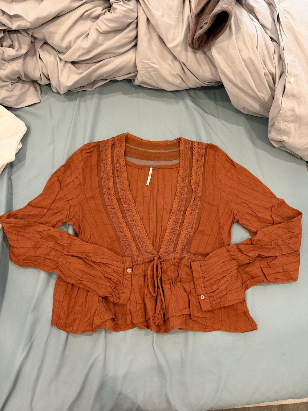 Free People Rust Brown Ruffle Tie-Front Blouse